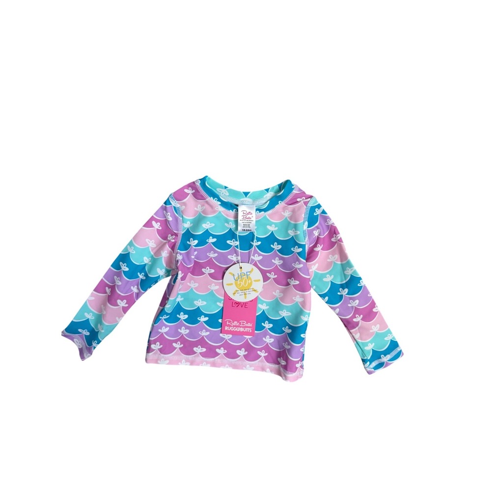 RuffleButts Mermaid Long Sleeve Rash Guard Swim Top UPF 50+ Pink Teal 18-24M NEW
